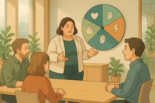 Team in modernem Schweizer Buero bei offenem Gespraech, im Hintergrund ein farbiges Spinnerrad fuer kurze Vertrauensuebungen.