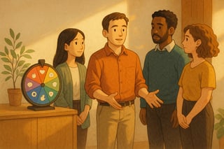 Australian team in a relaxed office as a leader models a brief vulnerability exercise; a colourful spinner wheel sits nearby to guide the activity.