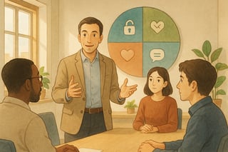 Lider y equipo dialogan con cercania mientras una ruleta de practicas aparece al fondo, simbolizando opciones justas y seguras.