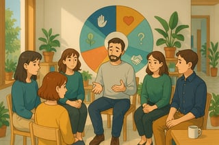 Líder e equipa em conversa num escritório acolhedor, com uma roda colorida ao fundo sugerindo exercícios de vulnerabilidade e confiança em equipa.