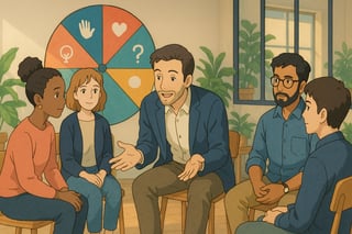 Reunion d’equipe en cercle, leader facilitateur, roue coloree au fond illustrant des exercices de vulnerabilite pour renforcer la confiance collective