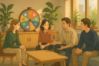 Australian team in a modern office discusses a calm resolution while a colourful spinner wheel sits nearby as a neutral method selector.