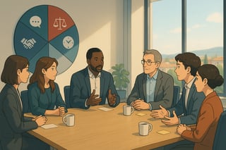 Seis personas debaten en una sala luminosa; al fondo, una rueda de colores sugiere métodos de resolución de conflictos.