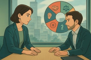 Due colleghi trattano un conflitto in sala riunioni; una ruota colorata sullo sfondo suggerisce approcci equi e facilita la scelta condivisa.