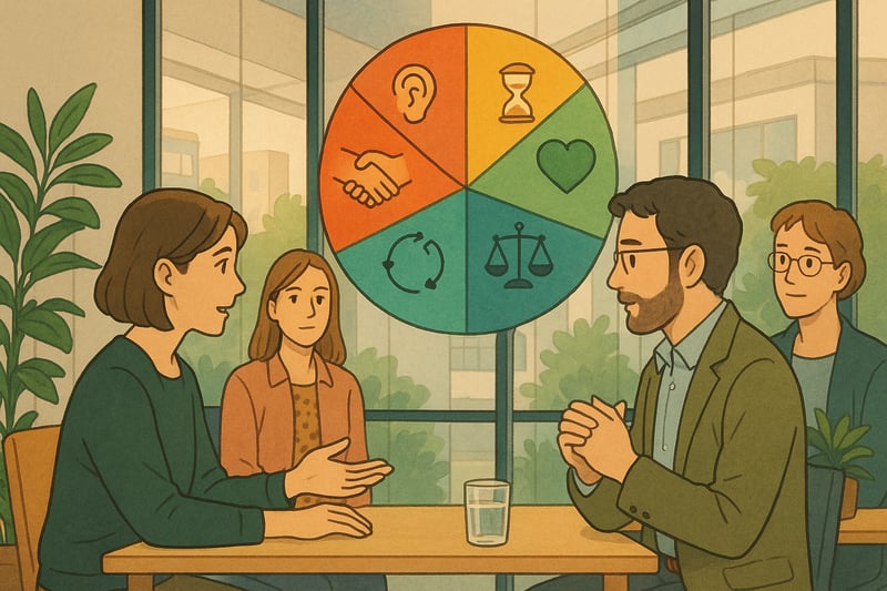 Equipa inicia conversa mediada enquanto uma roda colorida ao fundo sugere metodos justos para gerir conflitos no trabalho.