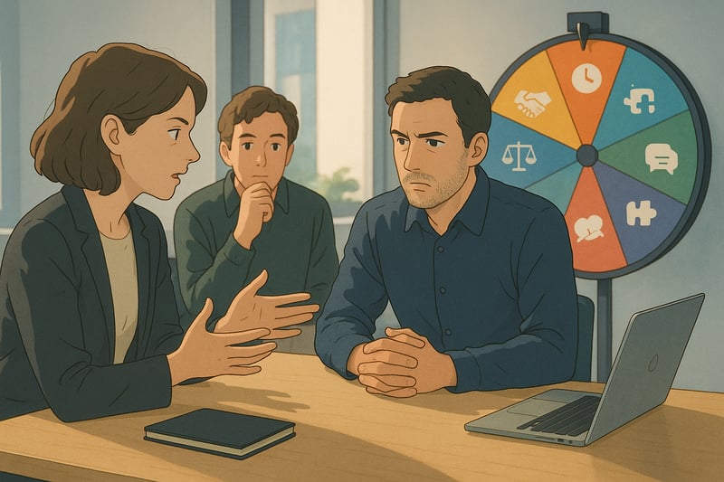 Diverse team debates in an office while a colorful spinner wheel with simple icons sits nearby, hinting at choices.