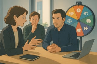 Diverse team debates in an office while a colorful spinner wheel with simple icons sits nearby, hinting at choices.