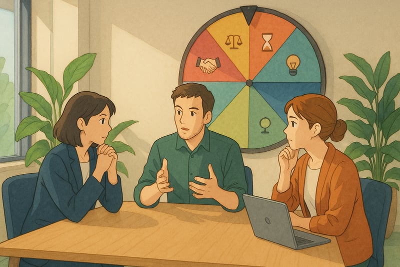 Twee collega’s en een facilitator overleggen aan een tafel; achter hen een spinnerwiel met pictogrammen voor conflictstijlen in heldere kleuren.