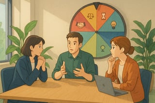 Twee collega’s en een facilitator overleggen aan een tafel; achter hen een spinnerwiel met pictogrammen voor conflictstijlen in heldere kleuren.