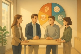 Vier Personen in modernem CH Buero; hinten ein farbiges Spinner-Rad mit Piktogrammen zu Konfliktmethoden.