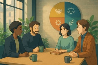 Quatre collègues en réunion dans un bureau lumineux; une roue multicolore visible au mur guide discrètement la résolution d’un conflit.