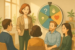 Führungskraft moderiert eine Teambesprechung; ein farbiges Spinner-Rad im Hintergrund deutet Übungen für Vertrauen und psychologische Sicherheit an.