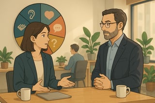 Due manager italiani discutono un feedback personalizzato, con ruota colorata sullo sfondo che suggerisce approcci diversi in modo neutrale.