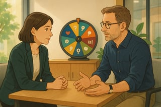 Zwei Führungskräfte sprechen über passenden Feedbackstil; im Hintergrund visualisiert ein farbiges Glücksrad verschiedene Feedbackansätze in modernem Büro.