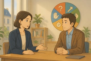 Deux managers discutent en tete-a-tete dans un bureau; une roue colorée en arriere-plan symbolise le selecteur de style de feedback.