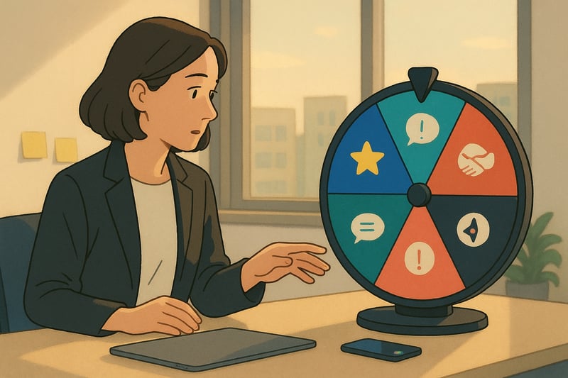 A manager in a modern office considers a spinner wheel with icons for coaching, candor, praise, and timing to choose a personalized feedback approach.