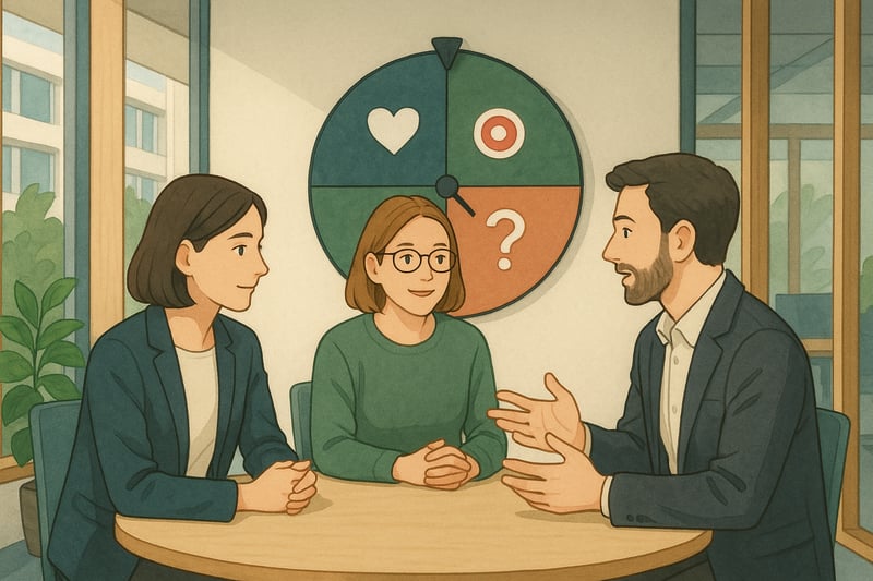 Managerin und Mitarbeiter in einem Schweizer Büro beim Feedbackgespräch; im Hintergrund dreht ein farbiges Spinner-Rad für Feedback-Optionen.