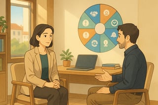 Gestora e colaborador conversam em escritorio moderno enquanto uma roda de 12 segmentos ao fundo ilustra estilos de feedback.