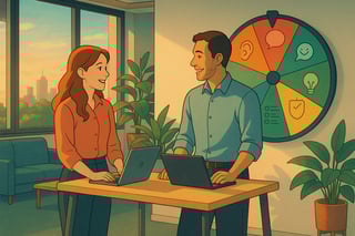 Manager and employee in an Australian office discussing feedback, with a colourful spinner wheel in the background.