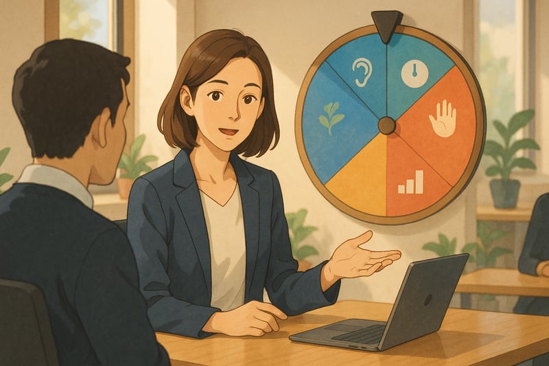 Manager en oficina revisa estilos de feedback, con ruleta al fondo, para preparar conversaciones personalizadas.