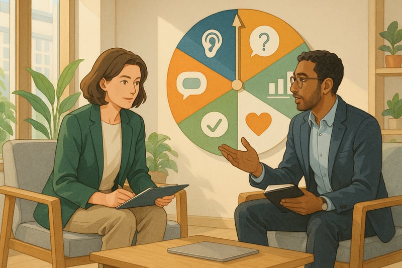 Twee managers bespreken feedbackstijlen in een lichte Nederlandse kantoorruimte met een kleurrijke spinner op de achtergrond.