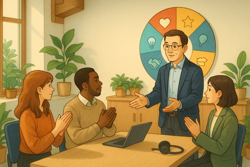 Fuehrungskraft bedankt sich bei gemischtem Team in Schweizer Buero; im Hintergrund steht ein farbiges Anerkennungsrad.