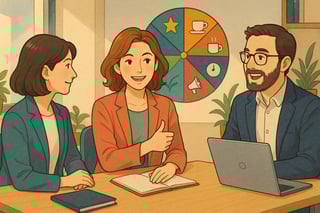 Team misto in ufficio osserva una ruota colorata sullo sfondo mentre una manager sceglie un metodo di riconoscimento per valorizzare il gruppo