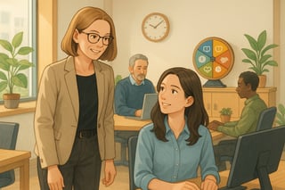 Führungskraft und Team in modernem Büro, im Hintergrund steht ein farbiges Anerkennungs-Drehrad als visuelle Entscheidungshilfe sichtbar.