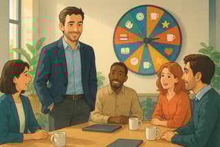 Lider en oficina española sinalando a su equipo sonriente, con una ruleta de reconocimiento colorida ocupando el fondo en un tercio de la escena.