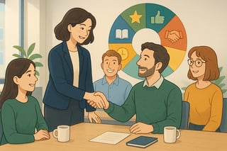 Lider portuguesa reconhece um colaborador enquanto uma roda colorida de metodos de reconhecimento aparece ao fundo num escritorio moderno.