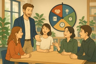 Un manager fédère son équipe dans un bureau lumineux; une roue colorée en arrière-plan illustre des méthodes de reconnaissance variées et équitables.