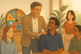 Australian office scene with a leader appreciating a team member as a colourful spinner wheel in the background suggests varied recognition options.