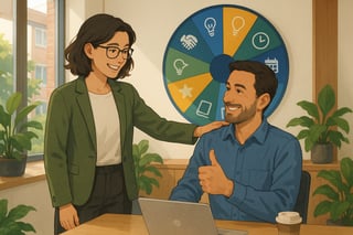 Teamleider waardeert een medewerker terwijl op de achtergrond een kleurrijk rad met waarderingsopties zichtbaar is in een modern Nederlands kantoor.