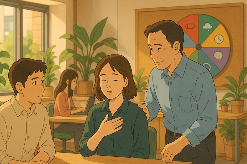 A small Australian office team shares a calm moment while a colourful spinner wheel with stress cue icons sits in the background.