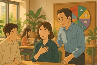 A small Australian office team shares a calm moment while a colourful spinner wheel with stress cue icons sits in the background.