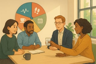 Vier collega’s bespreken rustig stresssignalen in een vergaderruimte terwijl een kleurrijke spinner aan de muur een eerlijke beurt verdeelt.