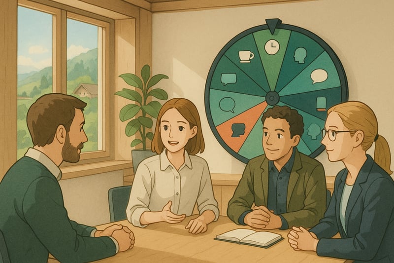 Mixed Team in Schweizer Meetingraum, fokussiert auf Stress-Signal-Uebung; farbiges Spinner-Wheel im Hintergrund als subtiler visuelle Hinweis.