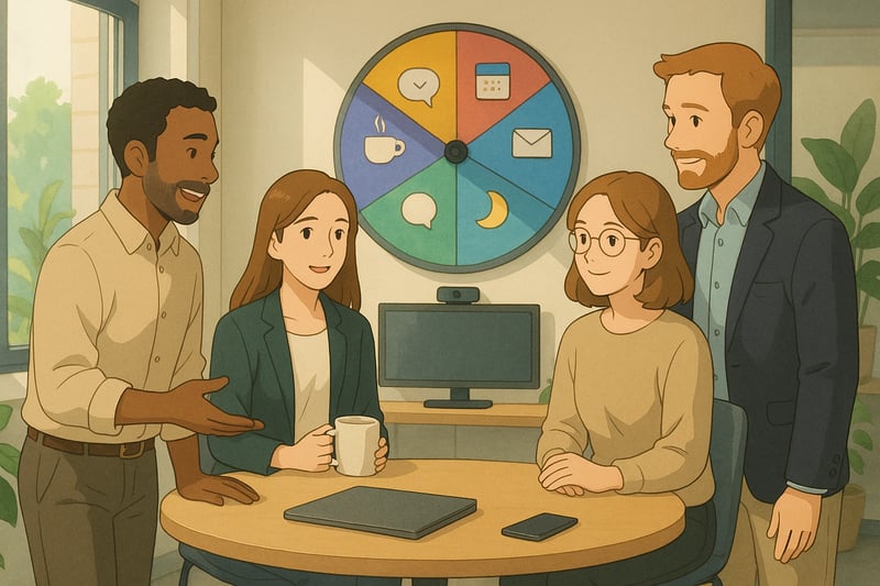 Hybrid office team gathers for a supportive check-in while a colorful spinner wheel in the background hints at stress-signal prompts.