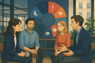 Une equipe mixte en reunion observe une roue coloree en arriere plan pour repérer des signaux precoces de stress et choisir une action de soutien.