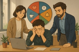 Trio em escritorio em Portugal identifica sinais de stress enquanto uma roda colorida de reconhecimento aparece ao fundo com icones discretos.