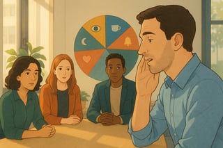 Team italiano osserva segnali di stress in ufficio con ruota colorata sullo sfondo; atmosfera empatica e focus su supporto reciproco.