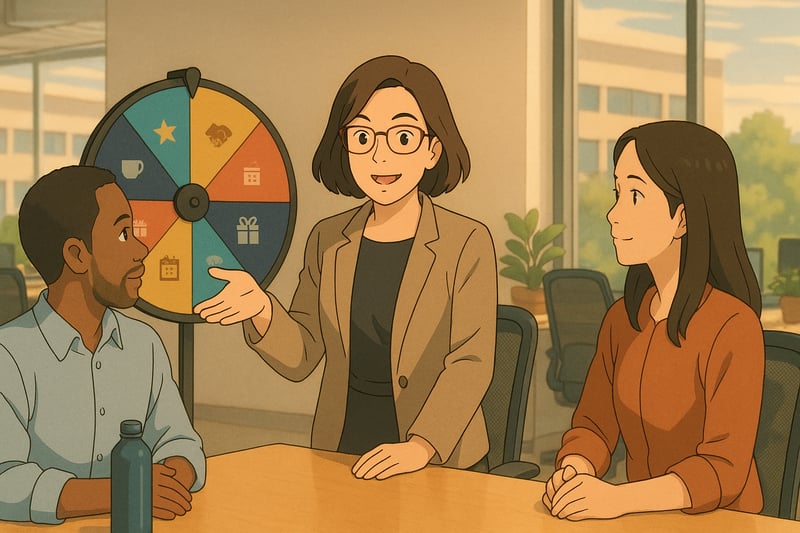 Manager in a modern office gestures toward teammates as a colorful spinner wheel sits in the background, hinting at varied recognition methods.