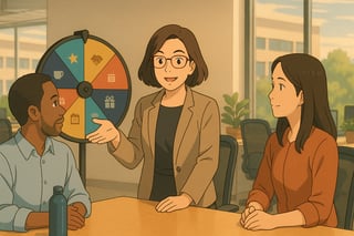 Manager in a modern office gestures toward teammates as a colorful spinner wheel sits in the background, hinting at varied recognition methods.