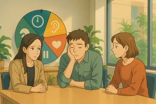 Equipo mixto en oficina identifica senales sutiles de estres mientras una ruleta de colores sugiere acciones de apoyo imparcial y proximas.