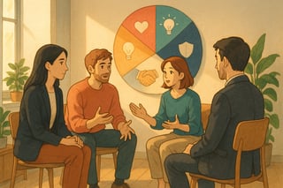 Team italiano in riunione informale; una ruota colorata delle emozioni sullo sfondo suggerisce attività per la sicurezza psicologica