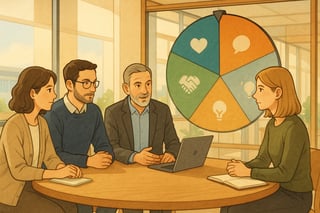 Team in hellem Schweizer Buero diskutiert ruhig, im Hintergrund ein farbiges Spinner Wheel mit Symbolen fuer Emotionen, Dialog und Ideen.