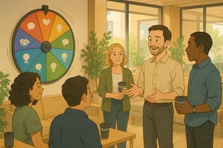 Australian team in a relaxed stand-up with a colourful spinner wheel nearby, supporting positive emotional culture and fair participation.