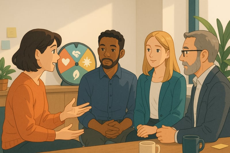 Leaders in a light-filled office share a brief emotional check-in as a colorful spinner wheel with icon segments stands in the background.