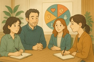 Deux dirigeants animent une reunion bienveillante, avec une roue coloree de culture emotionnelle visible en arriere plan dans un bureau lumineux.