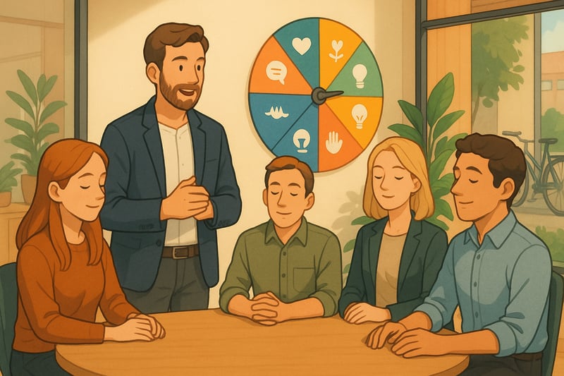 Team in modern Nederlands kantoor bespreekt emoties; spinner met gekleurde segmenten staat achter hen en ondersteunt veilige, open sfeer.